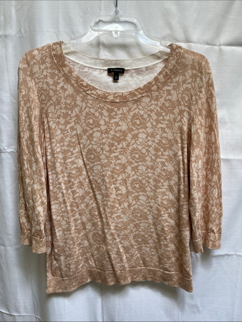 Talbots Beige Lace & Floral Patterned 3/4 Sleeve Knit Top